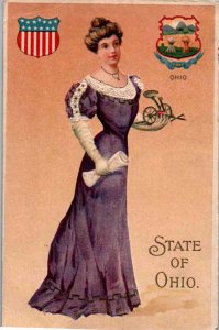 State of Ohio - Lady representing Ohio with Farm Equipment - embossed - c1908