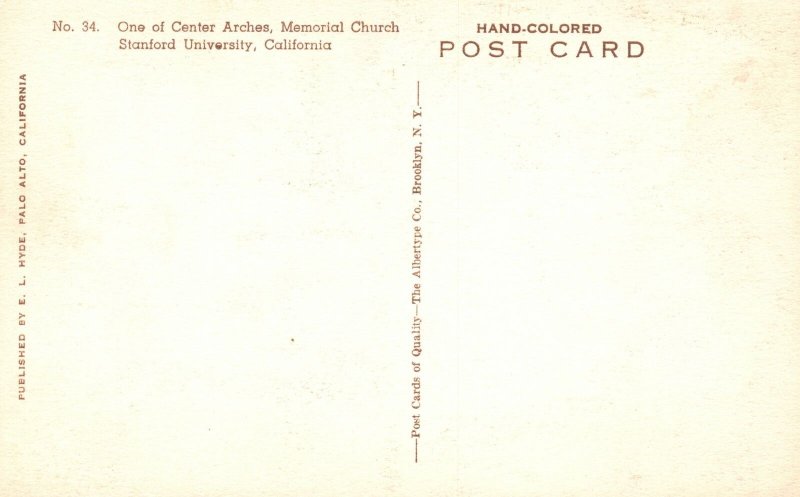 Vintage Postcard 1910's Center Arches Memorial Church Stanford University Calif.