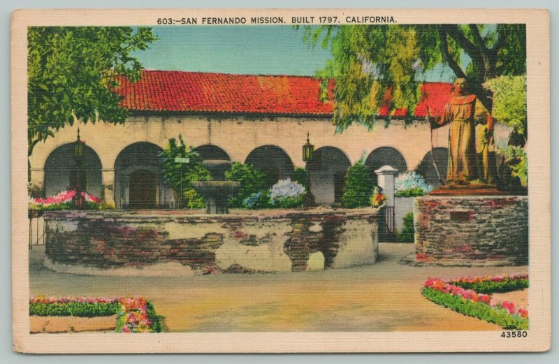 San Fernando California~Mission~1940s Linen Postcard