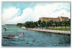 c1910's The Boulevard Boats Lined Trees Seaside Building Miami Florida Postcard