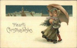 Christmas - Fancy Children w/ Little Tree Umbrella c1910 Postcard MSiB