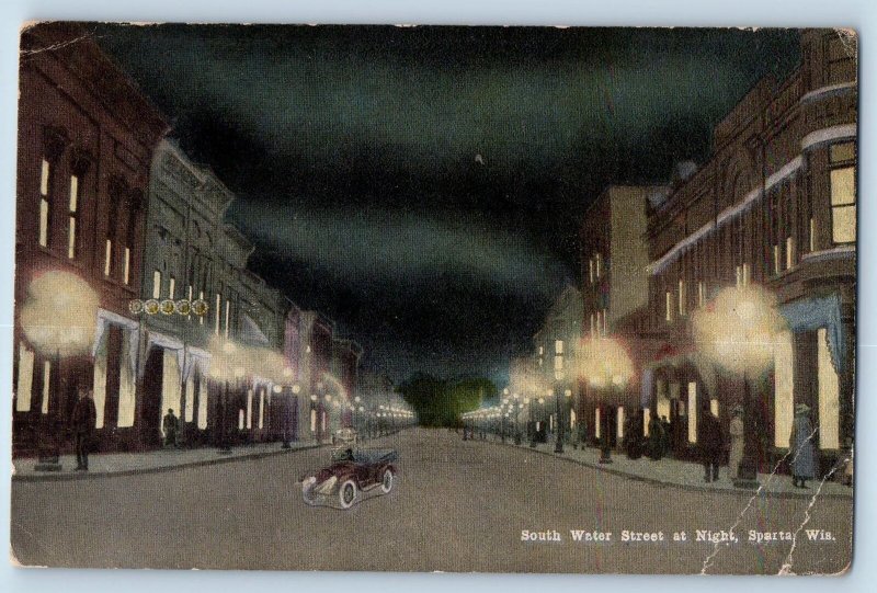 1916 South Water Street At Night Lights Classic Car Sparta Wisconsin WI Postcard