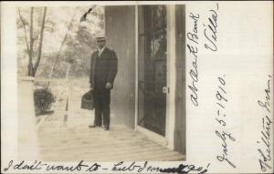 Man w/ Suitcase at Oak Bank Villa at Kittery ME 1910 Real Photo Postcard