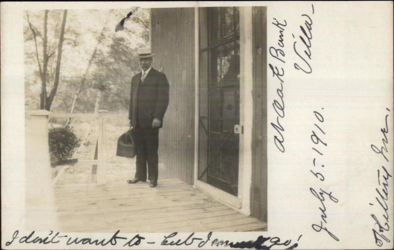 Man w/ Suitcase at Oak Bank Villa at Kittery ME 1910 Real Photo Postcard