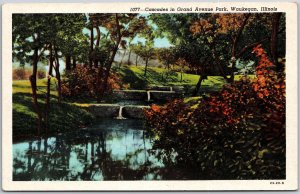 Waukegan Illinois, Cascade in Grand Avenue Park, Water Reflection, Postcard