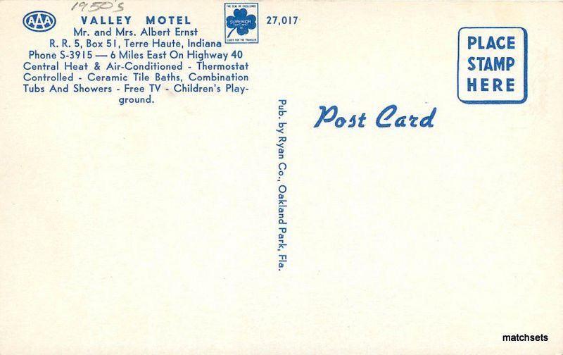 1950s Valley Motel roadside Terrre Haute Indiana Ryan postcard 1116 