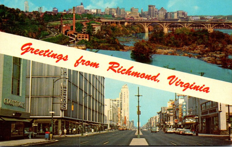 Virginia Richmond Greetings Showing Downtown Skyline and Downtown Shopping Di...