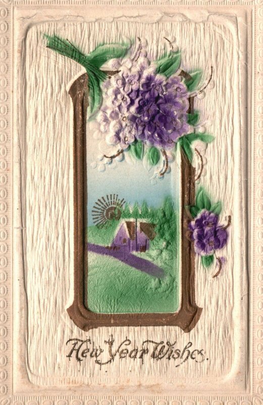 ​Vintage Postcard 1910's A New Year Wishes Holiday Greetings Purple Flowers