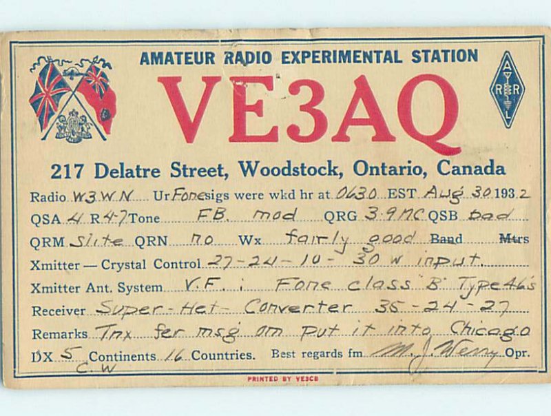 1930s QSL RADIO CARD Woodstock Ontario ON AH3199