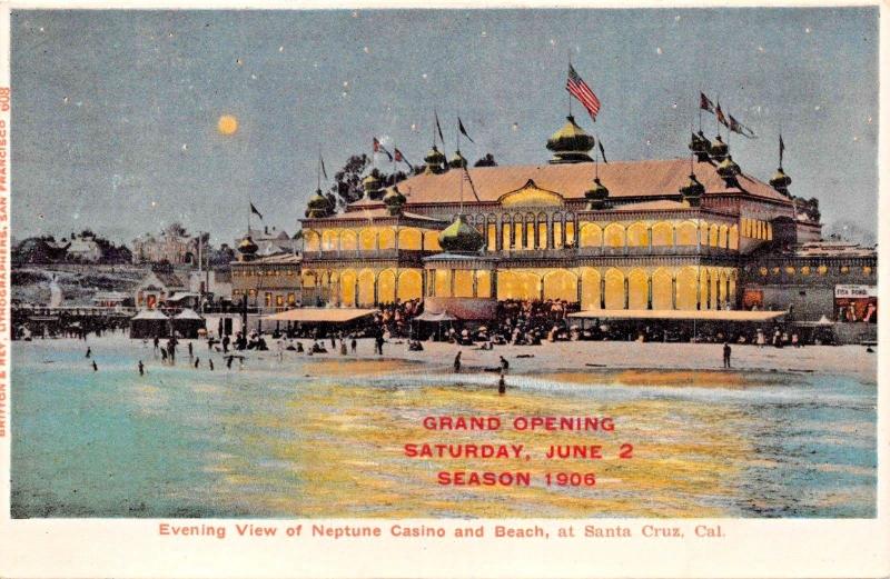 SANTA CRUZ CA~NEPTUNE CASINO & BEACH-NIGHT VIEW-GRAND OPENING POSTCARD 1906
