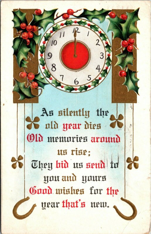 NEW YEAR - HORSESHOE - CLOCK HOLLY - VINTAGE - POSTCARD PC POSTED