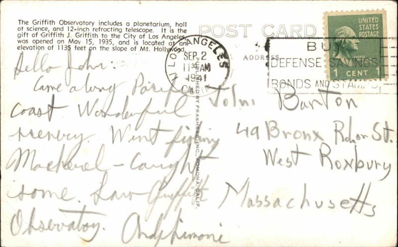 Los Angeles California CA Griffith Observatory E4 c1940s-50s RPPC Postcard