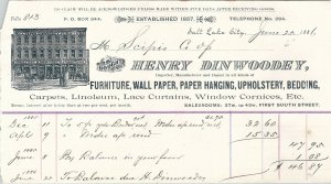 Salt Lake City 1886 Henry Didwoody Furniture Wallpaper Illustrated Billhead BH21