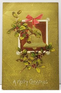 Merry Christmas Embossed  Bell & Holly Gold FinishPostcard A3