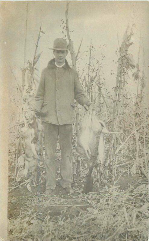 C-1910 Rabbit Hunter Rifle RPPC Photo Postcard hunting 13680