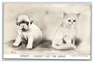 Vintage 1909 Comic Postcard Cute Puppy and Kitten - Black & White Drawing