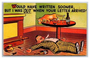 Comic Drunk Man On Floor Out When Letter Arrived UNP LInen Postcard Q19