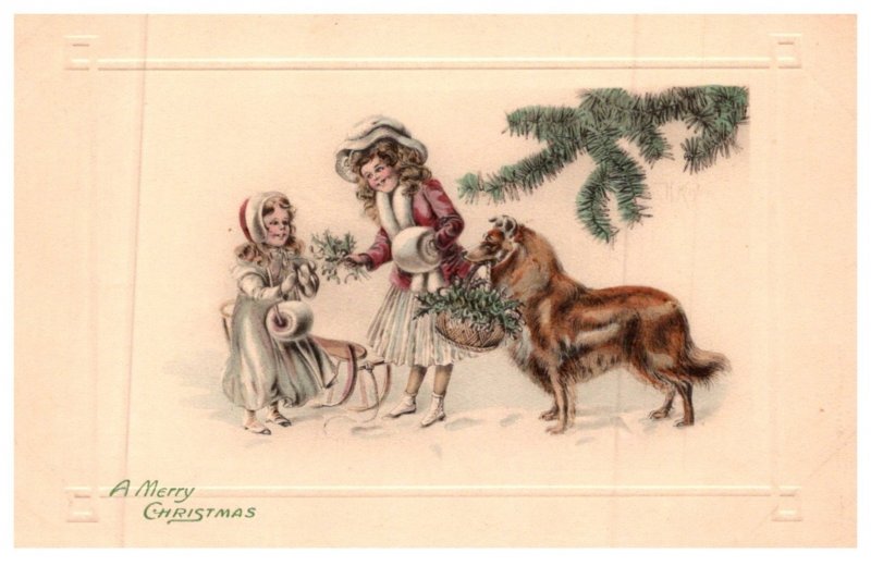 Dog ,  Victorian Girls , Dog, Merry Christmas