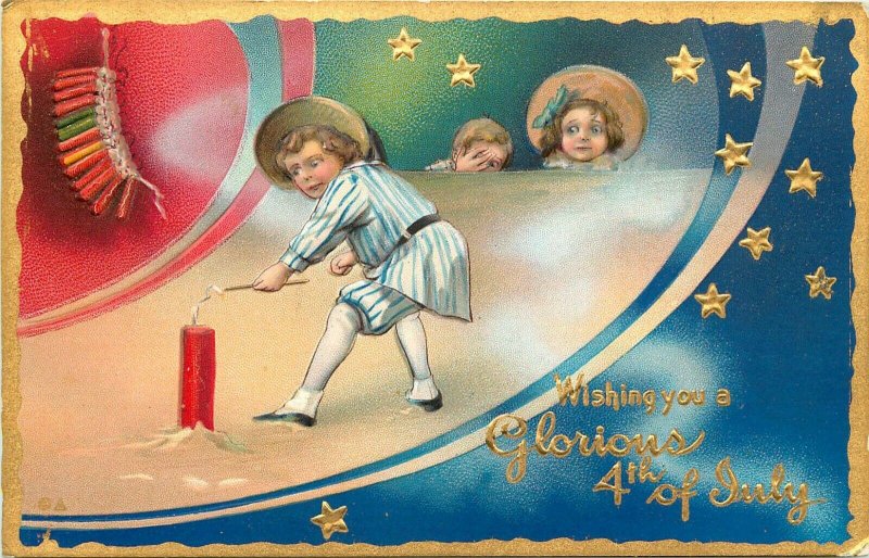 Embossed Postcard Fourth of July Ser. 5, Nervous Child Lights Fireworks Unposted