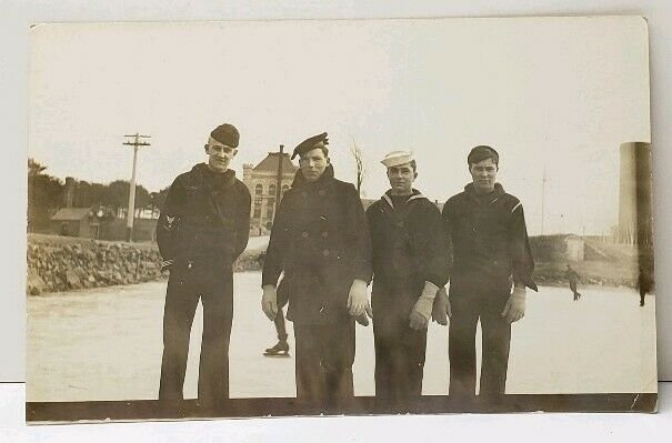 RPPC Group of U.S. Navy Sailors Ice Skating Real Photo Postcard D18