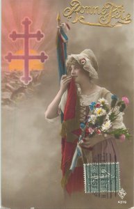 Ferench patriotic woman flag  Bonne Fete  greetings France 1919