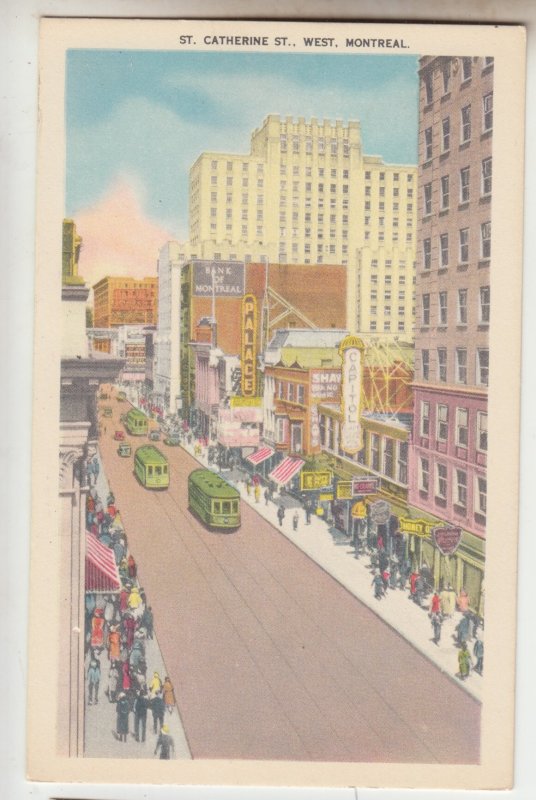 P2655 old postcard st. catherine street scene montreal canada, cars trollies etc