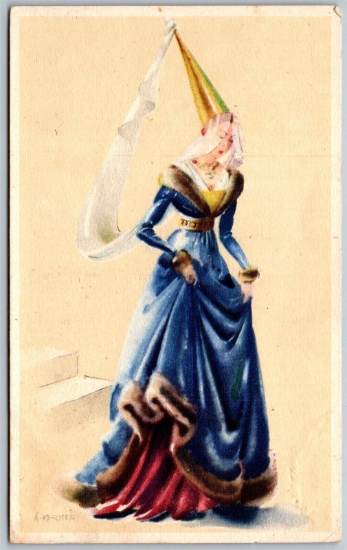 Vtg Avros Costume Series Woman 15th Century Artist Signed A Kermer Postcard