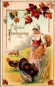 Thanksgiving Postcard Woman Gathering Wheat in Field with Turkey's~4465