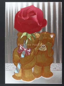 TEDDY BEAR ROMANCE & SINGLE ROSE F J Warren DUFEX FOIL Postcard c1980's