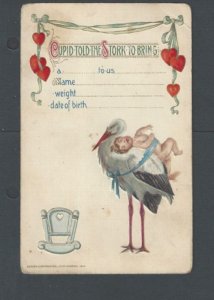 1907 Post Card Cupid Told The Stork To Bring ---Baby Facts New Born