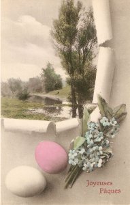 Flowers, landscape, Easter Eggs Lot of four (4) old vintage French Easter PC
