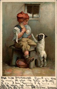 Puppy Dog Begs for Little Beggar Boy's Food c1910 Vintage Postcard