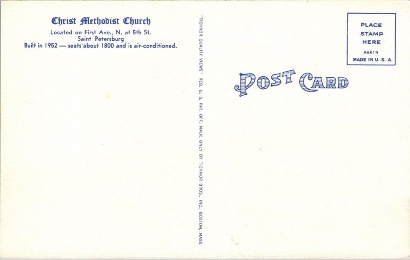 Christ Methodist Church St Petersburg Florida FL Linen Postcard Tichnor VTG UNP 