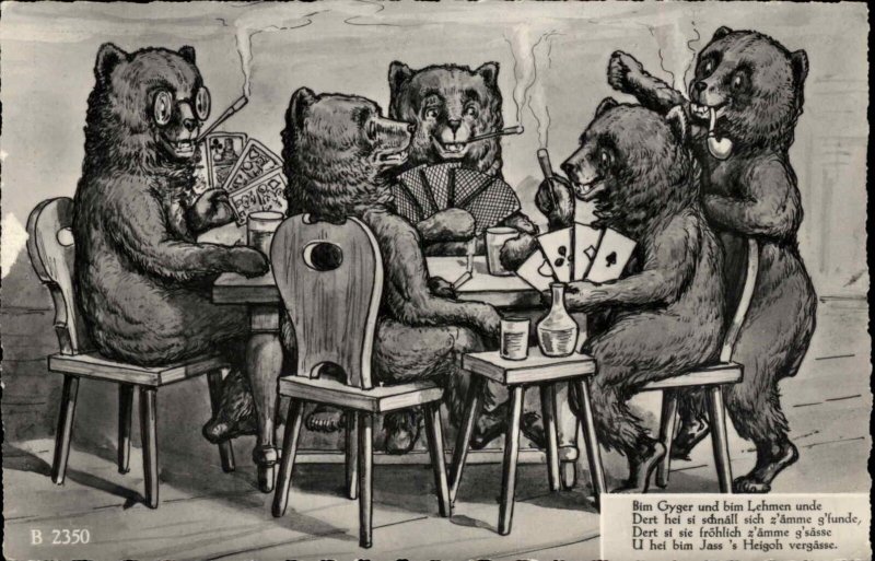 Bears Playing Poker Smoking Cigars Vintage German Postcard