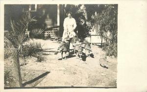 C-1910 Woman feeding backyard Turkeys RPPC Real photo postcard 7848