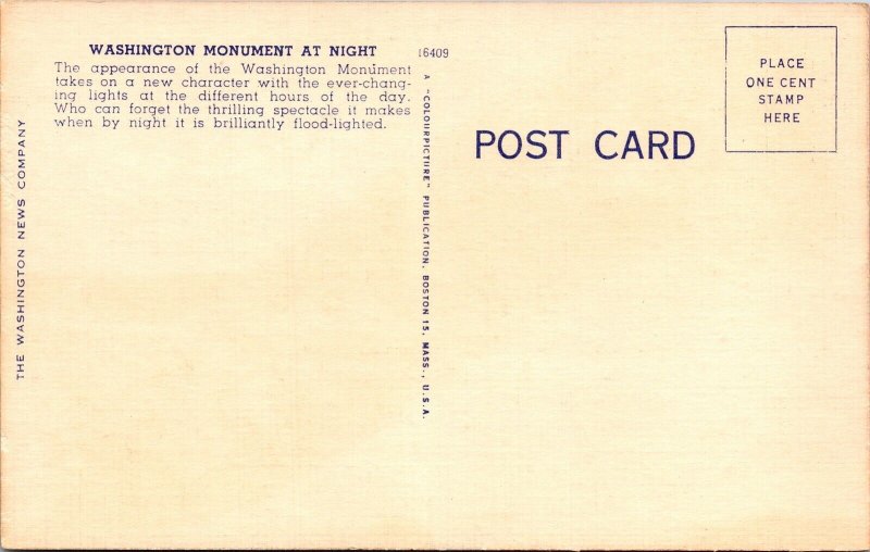 Washington Monument Night Washington Linen Character Unposted Vintage Postcard 