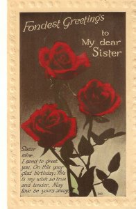 Flowers. Three red roses Old vintage English Birthday Greetings postcard