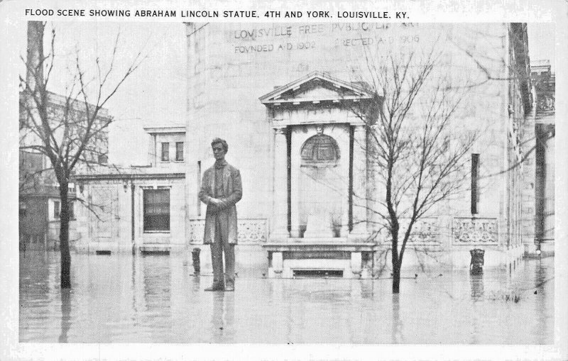 LOUISVILLE KY~1937 FLOOD SCENE-LINCOLN STATUE-4th AND YORK~HEVERIN NEWS POSTCARD