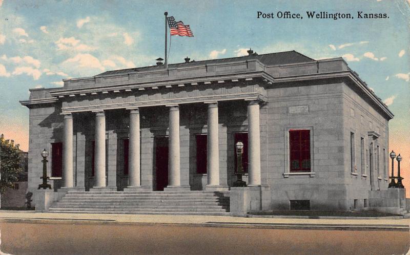 Post Office, Wellington, Kansas, Early Postcard, Used in 1916