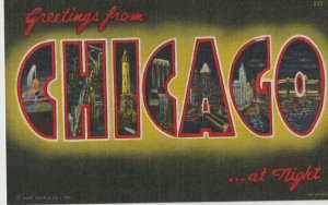 VINTAGE POSTCARD GREETINGS FROM CHICAGO AT NIGHT LINEN MINT CONDITION