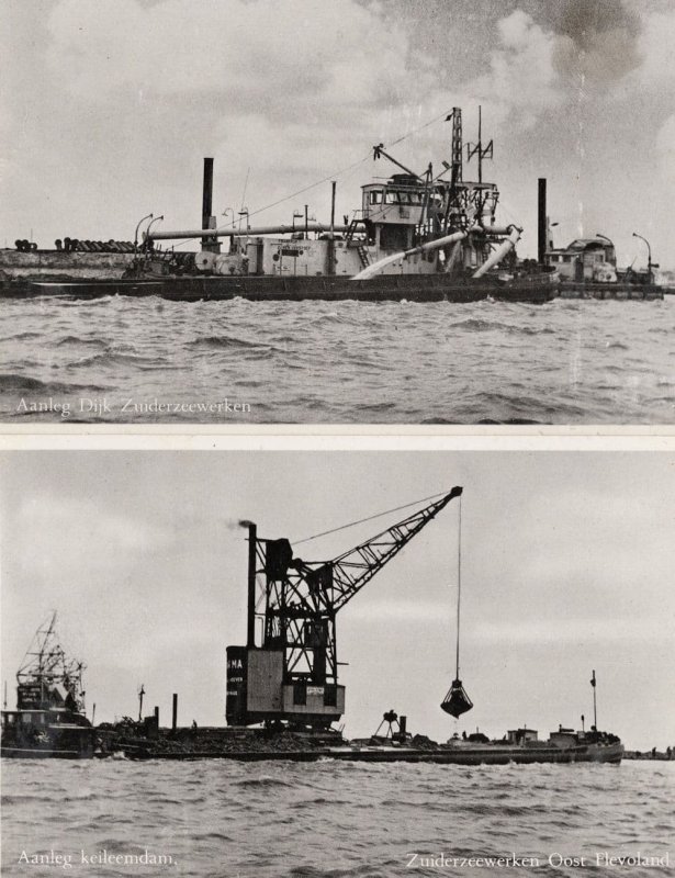 Zuiderzeewerken Aanleg Dijk Holland Crane Ship 2x RPC Postcard s