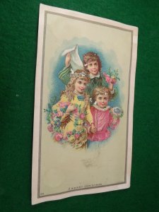 Christmas Victorian Trade Card Children Floral Wreath Beautiful Image