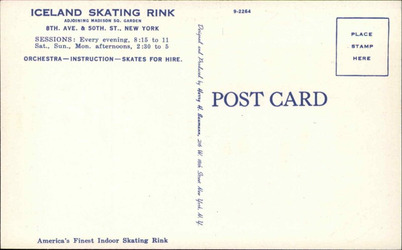 NEW YORK CITY Iceland Skating Rink ICE SKATING Old Linen Postcard