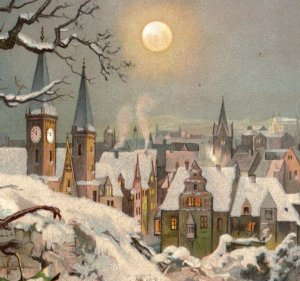 1880s Victorian Blithe Peaceful Christmas Card Moonlight Mica Snow  W.B. & O. #A