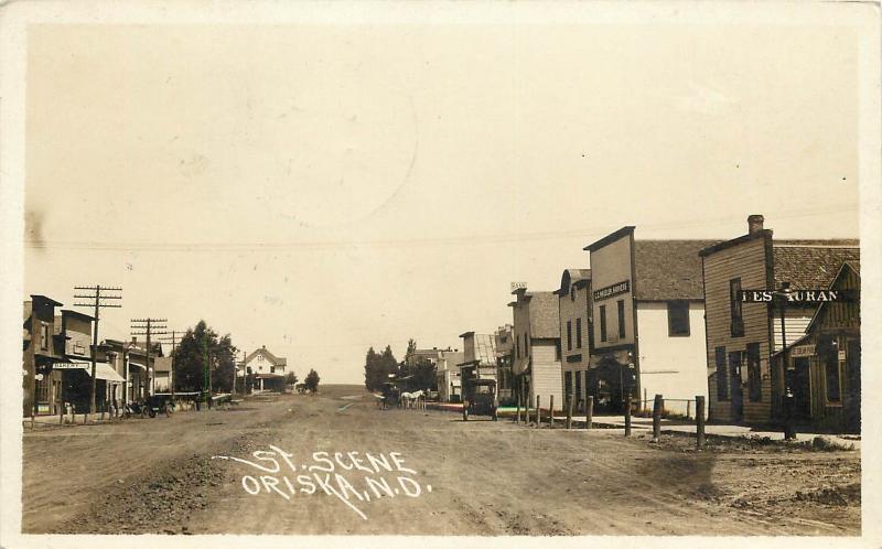 c1920 RPPC; Town View Main Street Scene Oriska ND Horsedrawn Barnes County