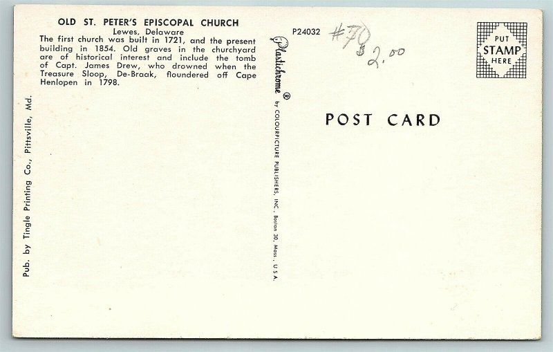 Postcard DE Lewes Old St. Peter's Episcopal Church 1950's Old Cars #2 D10