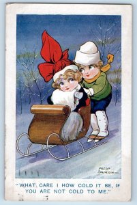 Fred Spurgin Signed Postcard Children Sledding Winter Scene c1910's Antique