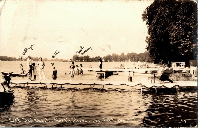 RPPC Swimming at East End Beach, North Shore, Crystal Lake IL Vtg Postcard S36 