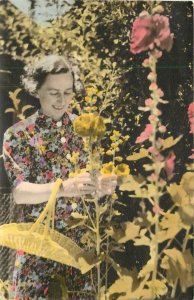 Postcard RPPC Australia 1943 Rochester Victoria hand tint woman flowers 23-2037