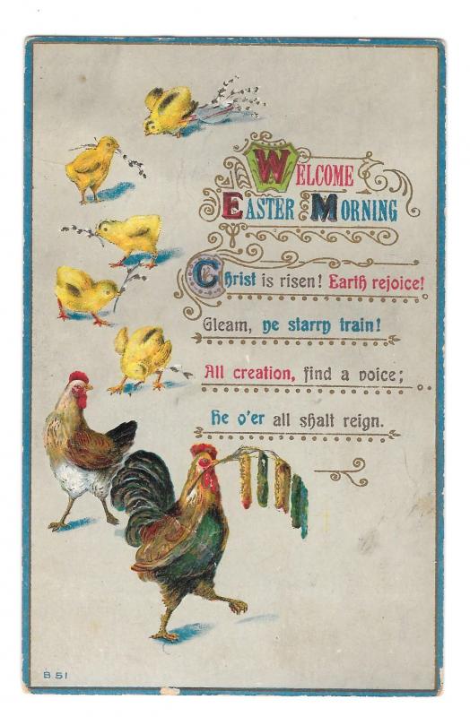 Welcome Easter Morning Rooster Hen Chicks Vintage Embossed Postcard